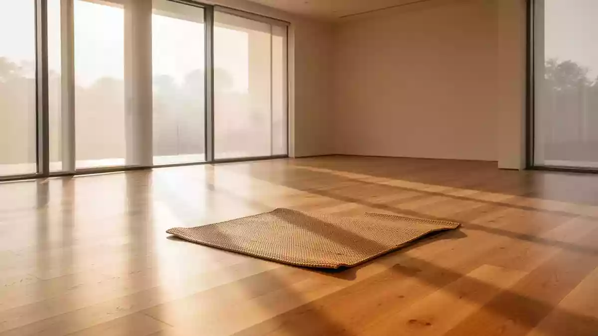 Ein minimalistischer, lichtdurchfluteter Yoga-Raum mit einem einzelnen Trainingsmatten-Layout auf hellem Holzboden. Illustration mit AI erstellt.