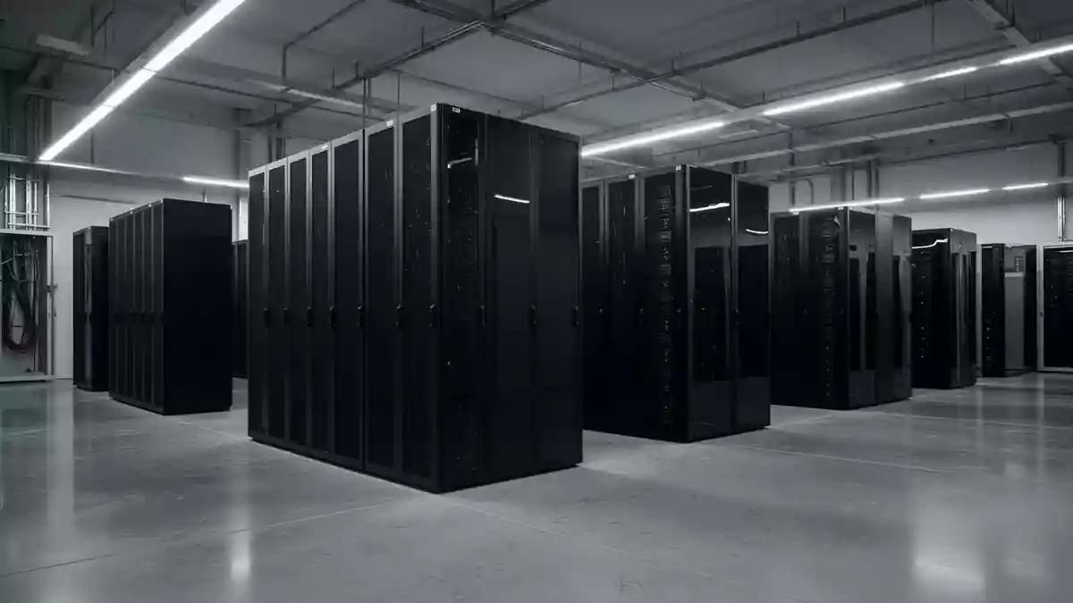 Reihen von schwarzen Server-Schränken in einem modernen, minimalistischen Rechenzentrum mit poliertem Betonboden. Illustration mit AI erstellt.