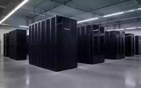 Reihen von schwarzen Server-Schränken in einem modernen, minimalistischen Rechenzentrum mit poliertem Betonboden. - Foto: über boerse-global.de
