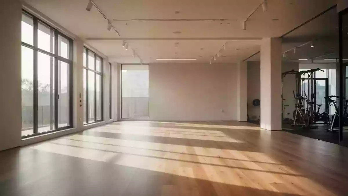Ein heller, minimalistischer Trainingsraum mit Holzboden und natürlichem Lichteinfall. Illustration mit AI erstellt.