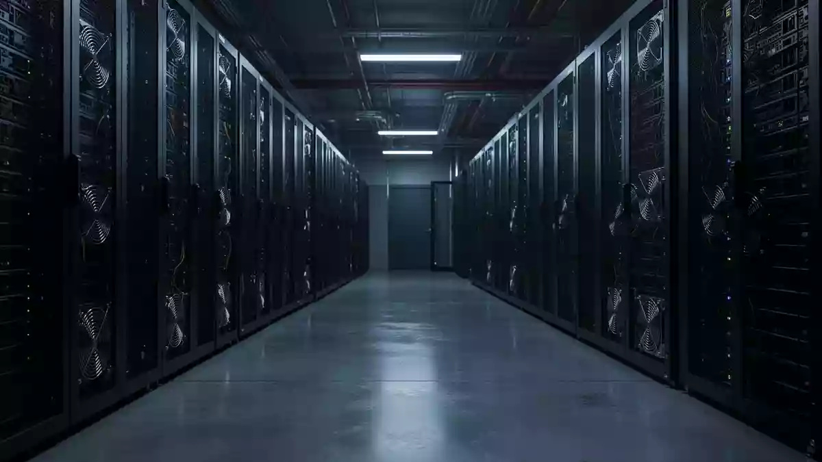 Dunkler, moderner Serverraum mit stummen Serverracks in einer kühlen, technologischen Umgebung. Illustration mit AI erstellt.