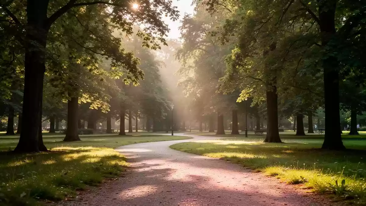 Ein sonnendurchfluteter Parkweg in einer ruhigen Naturlandschaft als Symbol für einen gesunden Lebensstil. Illustration mit AI erstellt.