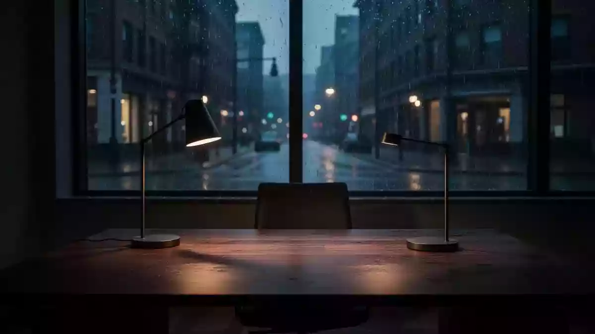 Ein minimalistisch eingerichtetes Büro bei Dämmerung mit einer Schreibtischlampe und einem Fensterblick auf eine regnerische Straße. Illustration mit AI erstellt.
