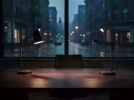 Ein minimalistisch eingerichtetes Büro bei Dämmerung mit einer Schreibtischlampe und einem Fensterblick auf eine regnerische Straße. - Foto: über boerse-global.de