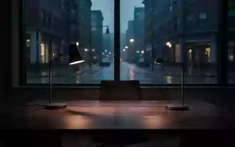 Ein minimalistisch eingerichtetes Büro bei Dämmerung mit einer Schreibtischlampe und einem Fensterblick auf eine regnerische Straße. - Foto: über boerse-global.de