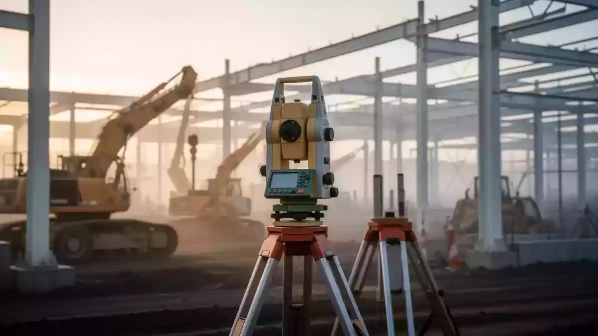 Ein Vermessungsgerät auf einer modernen Baustelle bei Sonnenaufgang mit im Hintergrund verschwommenen Maschinen. Illustration mit AI erstellt.