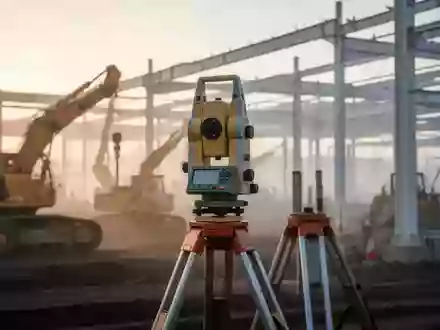 Ein Vermessungsgerät auf einer modernen Baustelle bei Sonnenaufgang mit im Hintergrund verschwommenen Maschinen. - Foto: über boerse-global.de