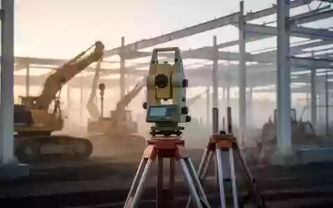 Ein Vermessungsgerät auf einer modernen Baustelle bei Sonnenaufgang mit im Hintergrund verschwommenen Maschinen. - Foto: über boerse-global.de