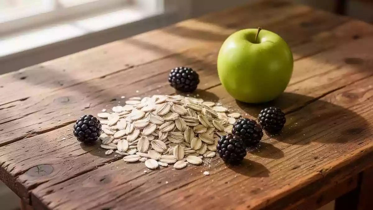 Frische Haferflocken, Beeren und ein Apfel auf einem hölzernen Küchentisch im natürlichen Tageslicht. Illustration mit AI erstellt.