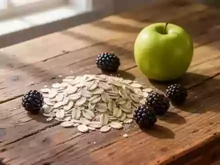 Frische Haferflocken, Beeren und ein Apfel auf einem hölzernen Küchentisch im natürlichen Tageslicht. - Foto: über boerse-global.de