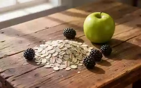 Frische Haferflocken, Beeren und ein Apfel auf einem hölzernen Küchentisch im natürlichen Tageslicht. - Foto: über boerse-global.de