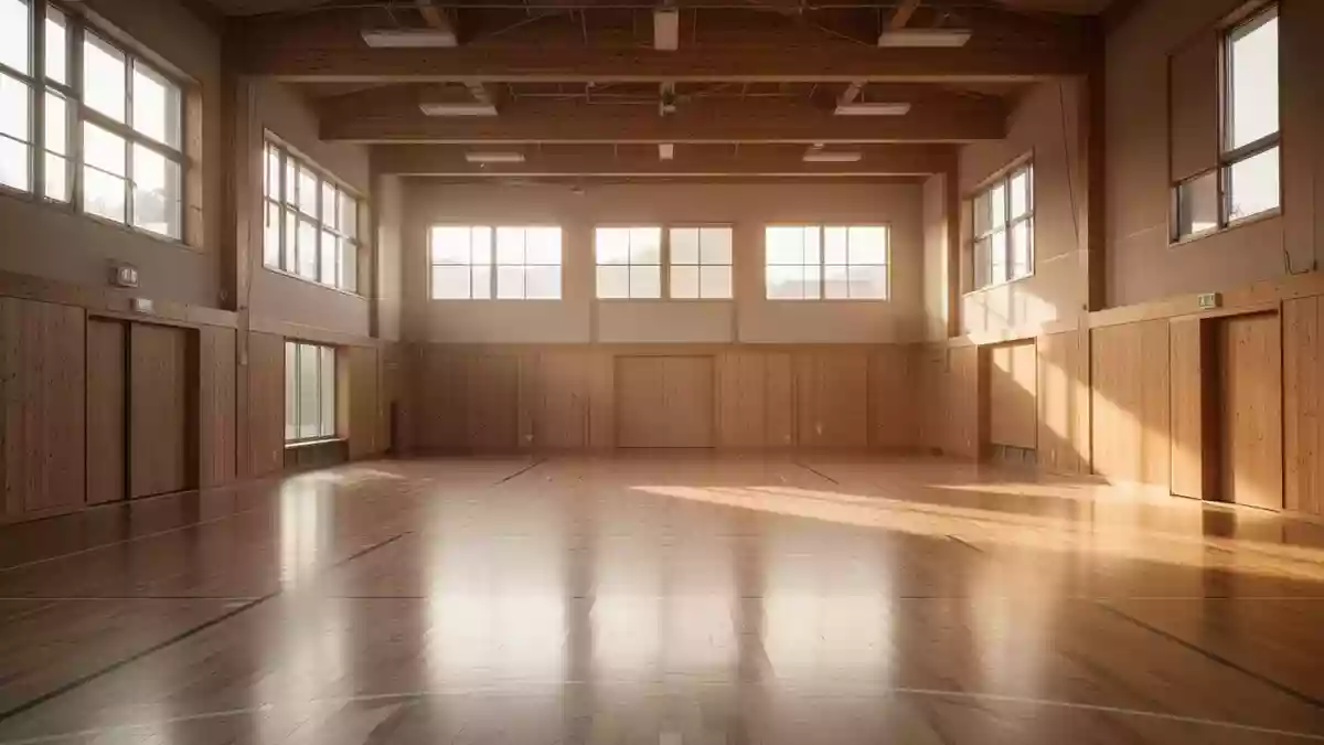 Ein lichtdurchfluteter, leerer Gymnastikraum mit Holzboden in einer Sporthalle bei warmem Tageslicht. Illustration mit AI erstellt.