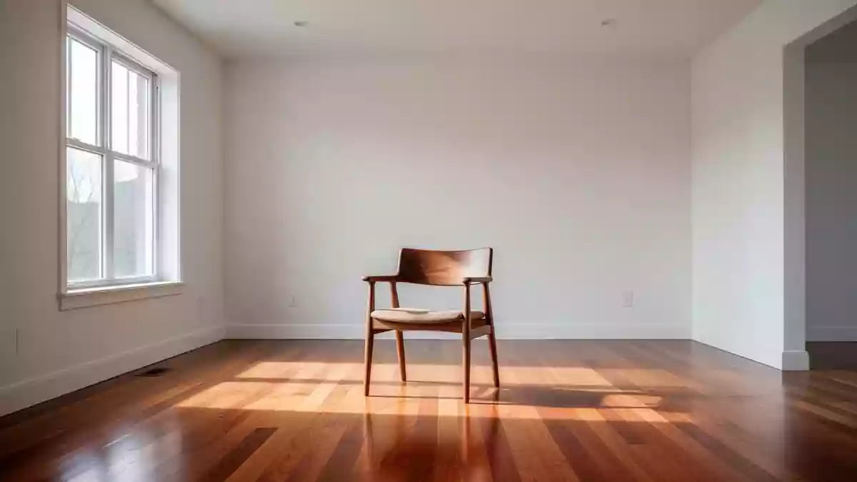 Ein minimalistischer, leerer Wohnraum mit einem einzelnen Holzstuhl in hellem, natürlichem Tageslicht. Illustration mit AI erstellt.