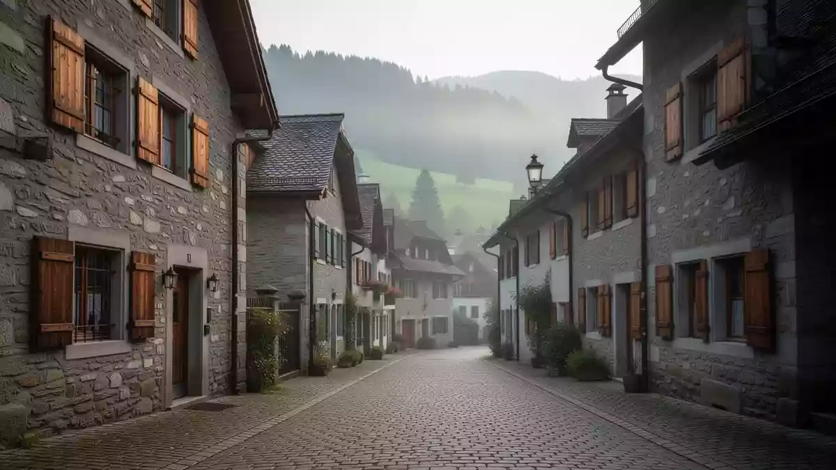 Historische Häuserzeile in einer Luzerner Gemeinde an einem nebligen Morgen. Illustration mit AI erstellt.