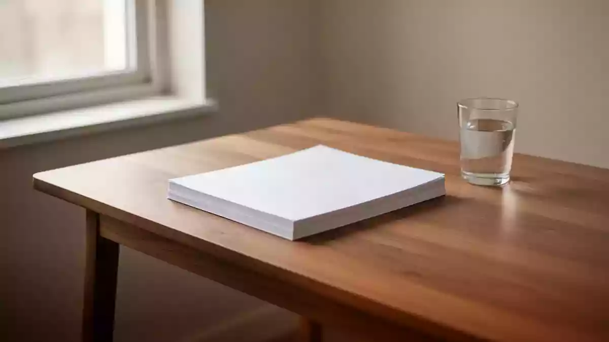 Ein minimalistischer Arbeitsplatz mit einem Stapel weißem Papier und einem Glas Wasser in sanftem Tageslicht. Illustration mit AI erstellt.