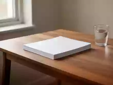Ein minimalistischer Arbeitsplatz mit einem Stapel weißem Papier und einem Glas Wasser in sanftem Tageslicht. - Foto: über boerse-global.de