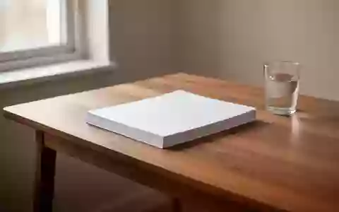 Ein minimalistischer Arbeitsplatz mit einem Stapel weißem Papier und einem Glas Wasser in sanftem Tageslicht. - Foto: über boerse-global.de