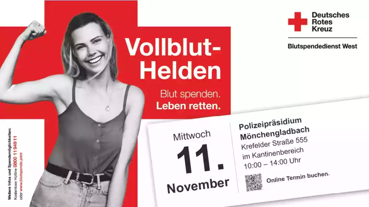 POL-MG: "Vollbluthelden"- Blutspendeaktion des Deutschen Roten Kreuzes am 11.11.2026 im Polizeipräsidium Mönchengladbach - Bild: presseportal.de