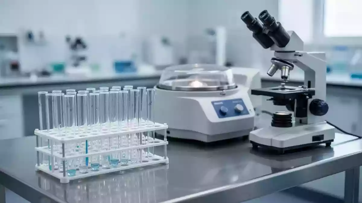Laborausstattung mit Reagenzgläsern und medizinischen Analysegeräten in einer sterilen Umgebung. Illustration mit AI erstellt.