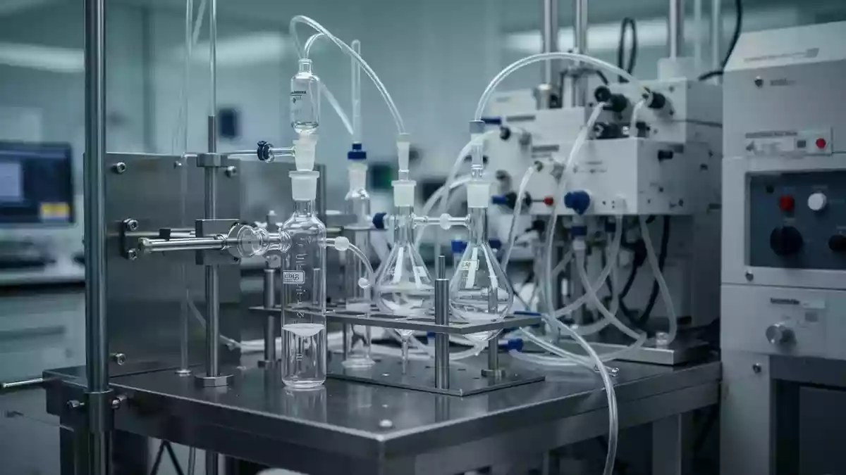 Laborapparatur für die pharmazeutische Analytik mit gläsernen Bauteilen und Edelstahlkomponenten in einer sterilen Umgebung Illustration mit AI erstellt.
