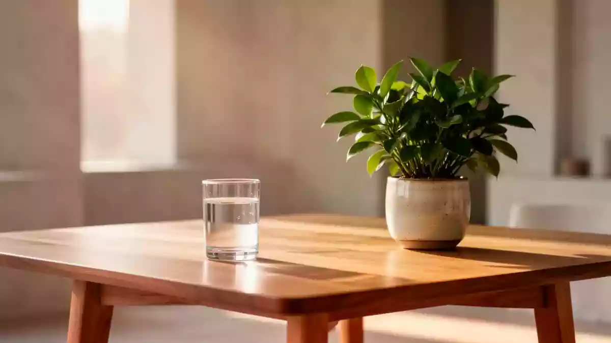 Ein minimalistischer Raum mit einem Glas Wasser und einer Pflanze auf einem Holztisch bei natürlichem Licht. Illustration mit AI erstellt.