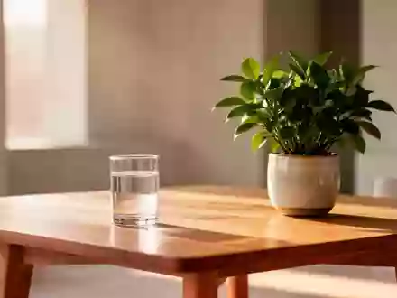 Ein minimalistischer Raum mit einem Glas Wasser und einer Pflanze auf einem Holztisch bei natürlichem Licht. - Foto: über boerse-global.de
