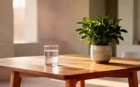 Ein minimalistischer Raum mit einem Glas Wasser und einer Pflanze auf einem Holztisch bei natĂĽrlichem Licht. - Foto: ĂĽber boerse-global.de