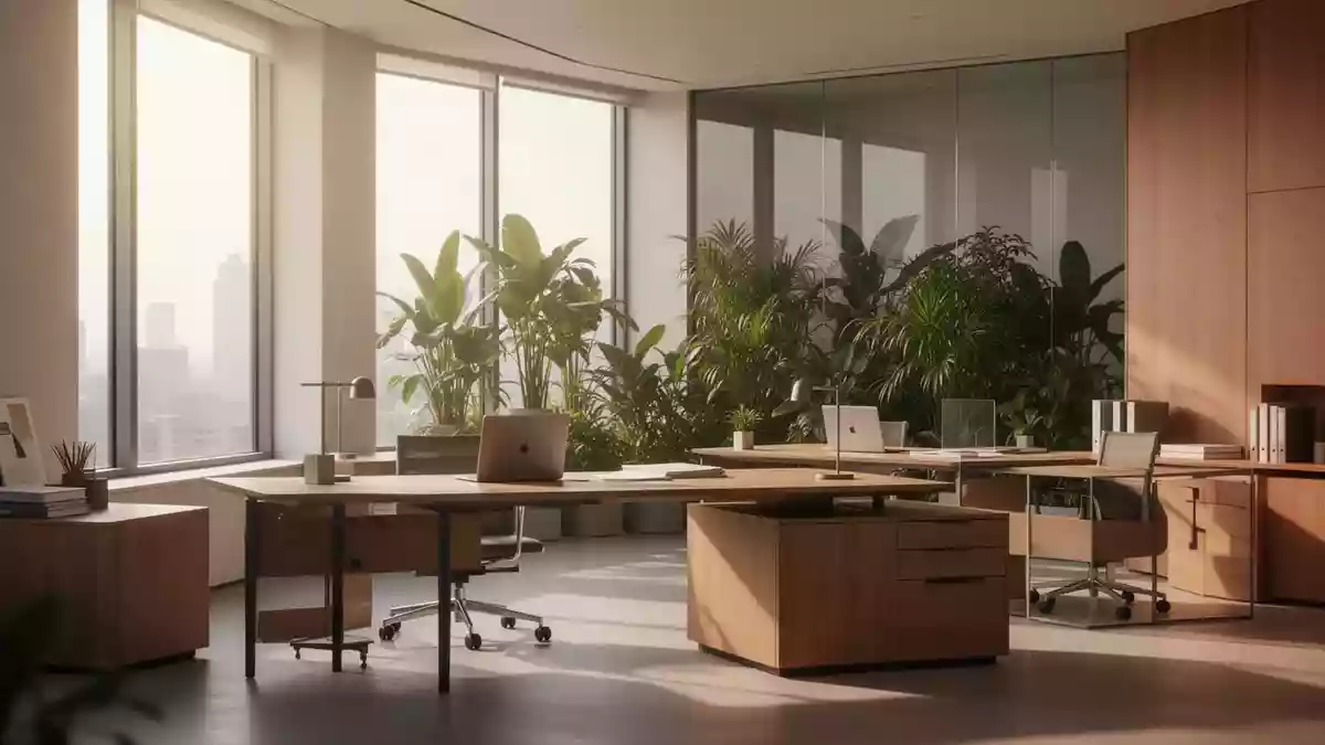Ein heller, minimalistischer Büroarbeitsplatz mit natürlichem Lichteinfall und Pflanzen in einer ruhigen Atmosphäre. Illustration mit AI erstellt.