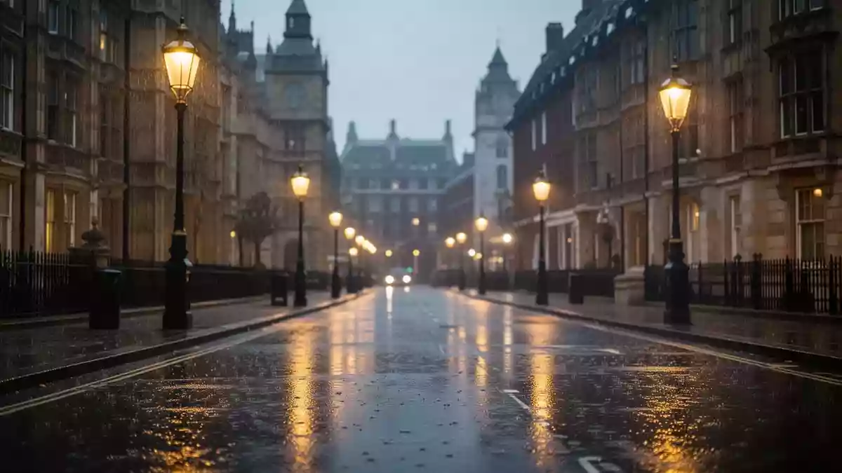 Eine regnerische, menschenleere Straße in London bei Dämmerung mit Lichtreflexionen auf dem nassen Asphalt. Illustration mit AI erstellt.