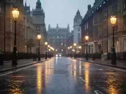Eine regnerische, menschenleere Straße in London bei Dämmerung mit Lichtreflexionen auf dem nassen Asphalt. - Foto: über boerse-global.de