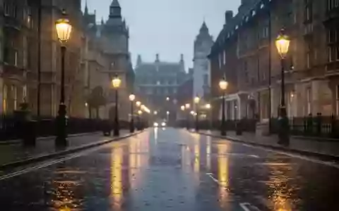 Eine regnerische, menschenleere Straße in London bei Dämmerung mit Lichtreflexionen auf dem nassen Asphalt. - Foto: über boerse-global.de