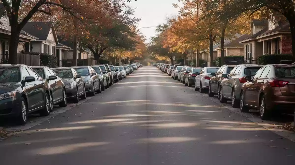 Eine schmale Wohnstraße in Austin, Texas, mit beidseitig parkenden Autos und freier Fahrbahn bei Tageslicht. Illustration mit AI erstellt.
