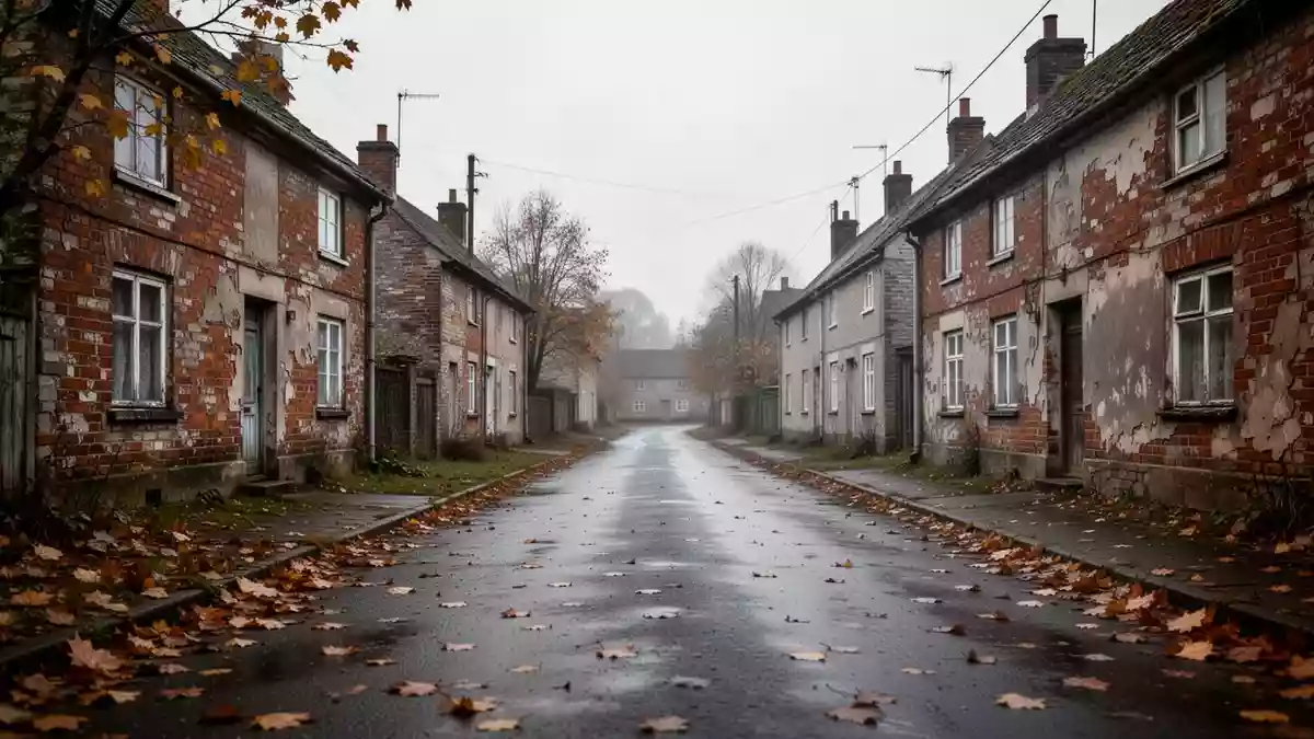 Eine leere, herbstliche Dorfstraße mit historischen Ziegelbauten bei bewölktem Himmel. Illustration mit AI erstellt.