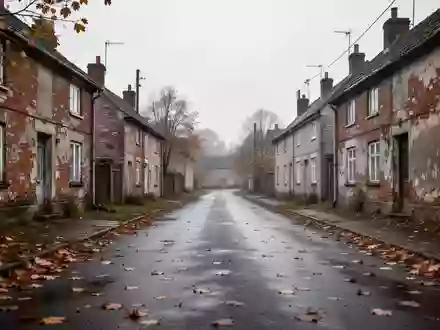 Eine leere, herbstliche Dorfstraße mit historischen Ziegelbauten bei bewölktem Himmel. - Foto: über boerse-global.de