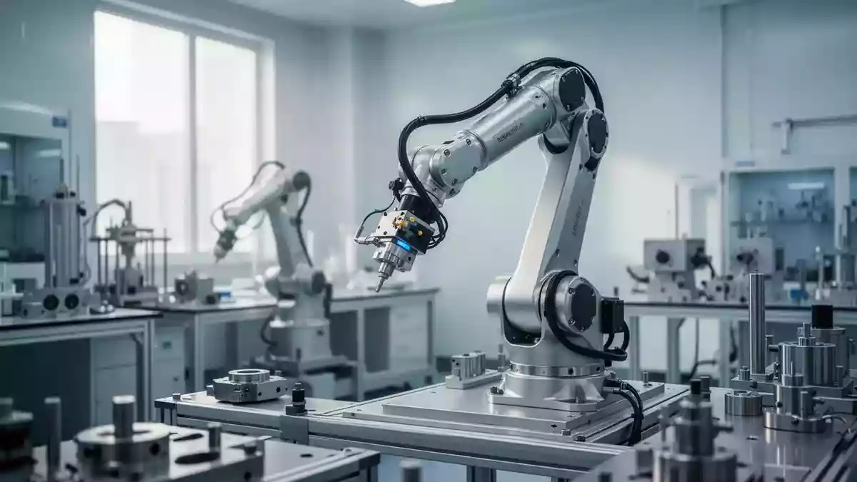 Ein hochpräziser Industrieroboterarm in einer sterilen Laborumgebung. Illustration mit AI erstellt.