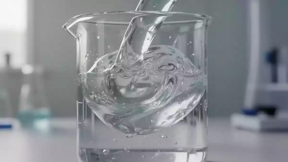 Nahaufnahme einer transparenten Laborflüssigkeit in einem Becherglas unter natürlichem Licht Illustration mit AI erstellt.