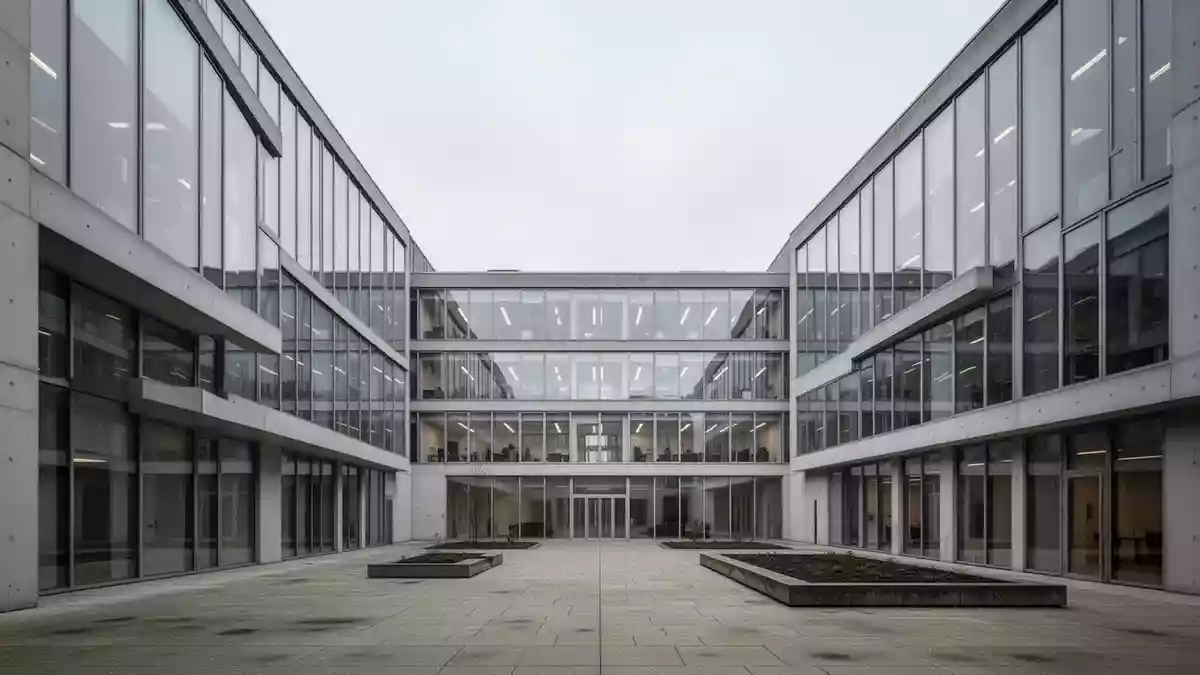 Modernes Verwaltungsgebäude in Kopenhagen bei bewölktem Himmel. Illustration mit AI erstellt.