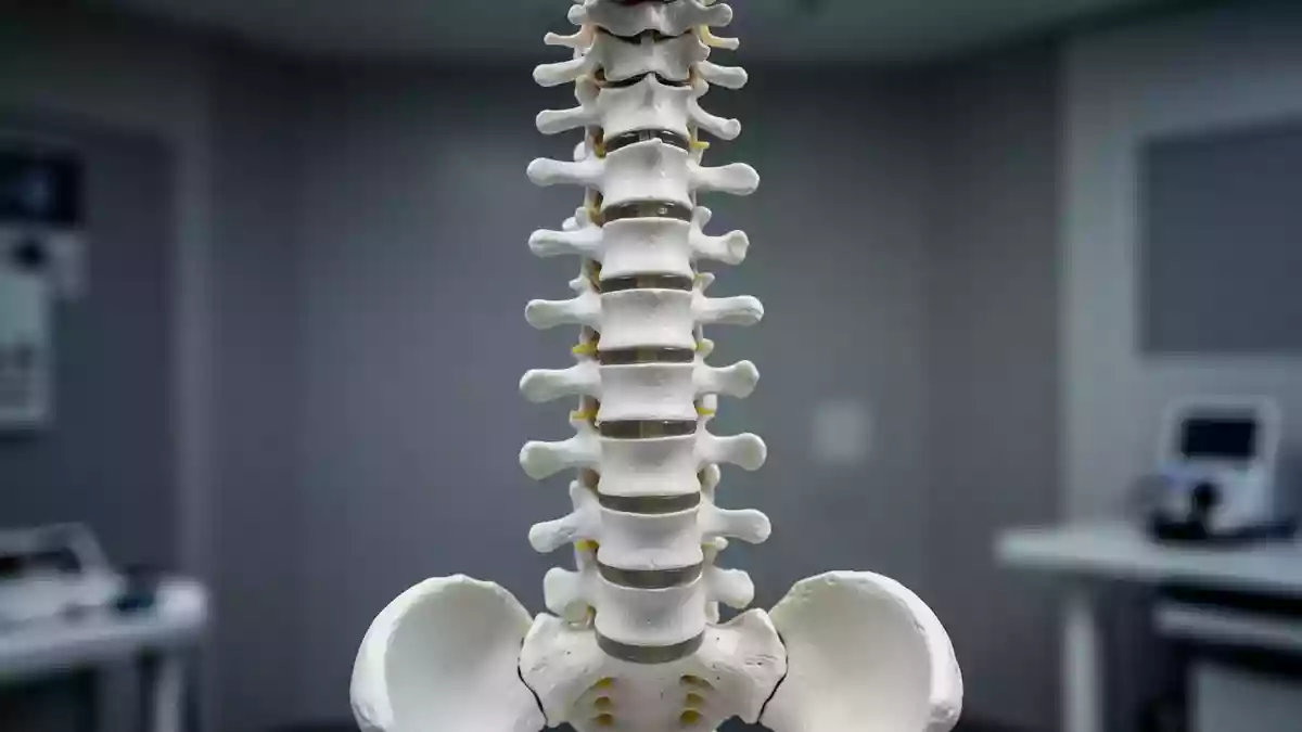 Ein anatomisches Modell der menschlichen Wirbelsäule in einem sterilen, klinischen Umfeld. Illustration mit AI erstellt.