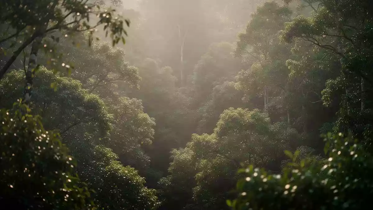 Sonnenlicht fällt durch ein dichtes Blätterdach in einem Wald, das die Bedeutung natürlicher Lichtquellen betont. Illustration mit AI erstellt.