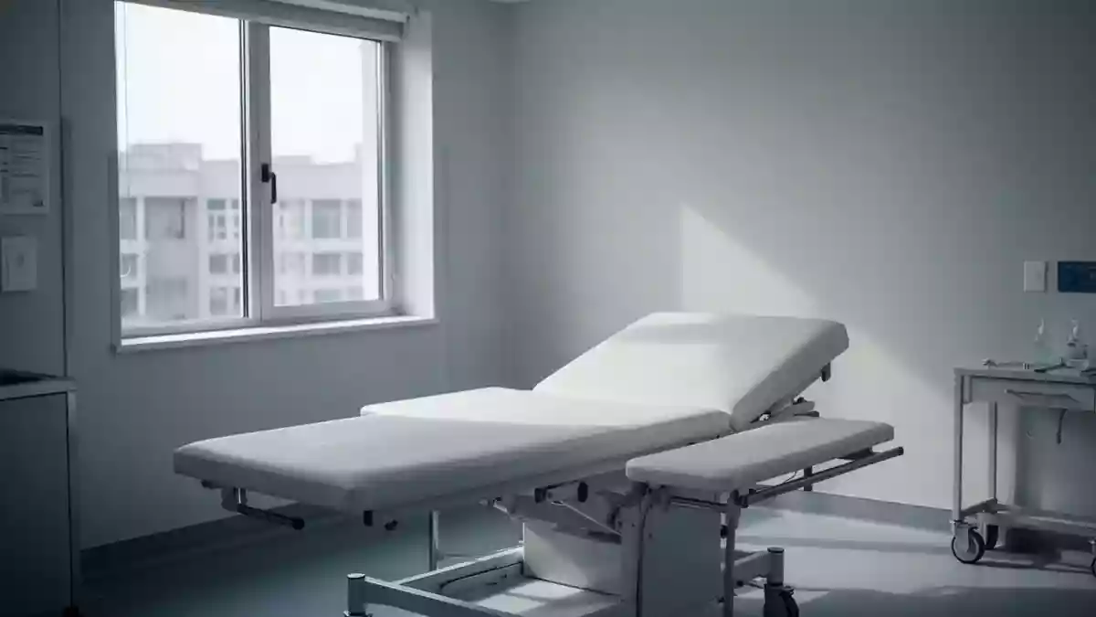 Ein leerer, sonnendurchfluteter Untersuchungsraum in einer Universitätsklinik mit einem sterilen Untersuchungstisch. Illustration mit AI erstellt.