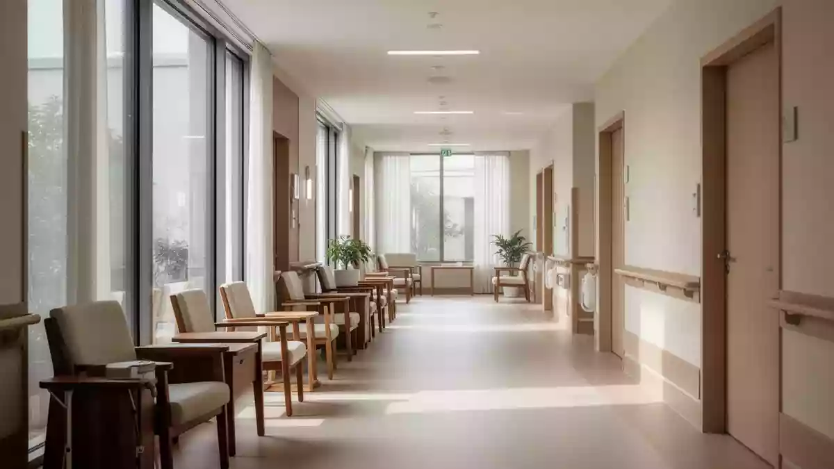 Ein heller, moderner Flurbereich in einer Pflegeeinrichtung mit minimalistischer Architektur und natürlichem Lichteinfall. Illustration mit AI erstellt.