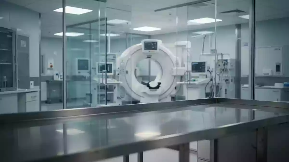 Steriler Krankenhaus-Laborraum mit moderner medizinischer Bildgebungsausrüstung im Hintergrund Illustration mit AI erstellt.