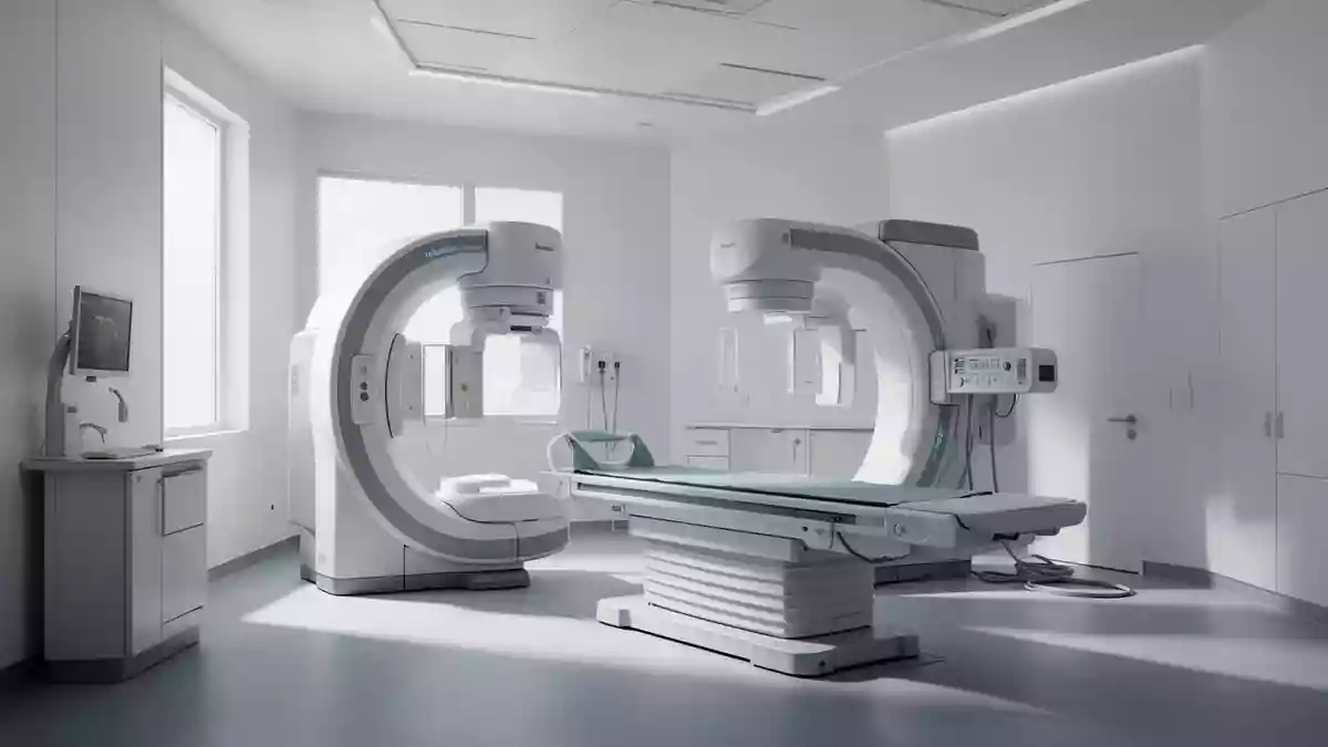 Ein steriler, moderner medizinischer Untersuchungsraum mit hochwertigen Diagnosegeräten in einer minimalistischen Umgebung. Illustration mit AI erstellt.