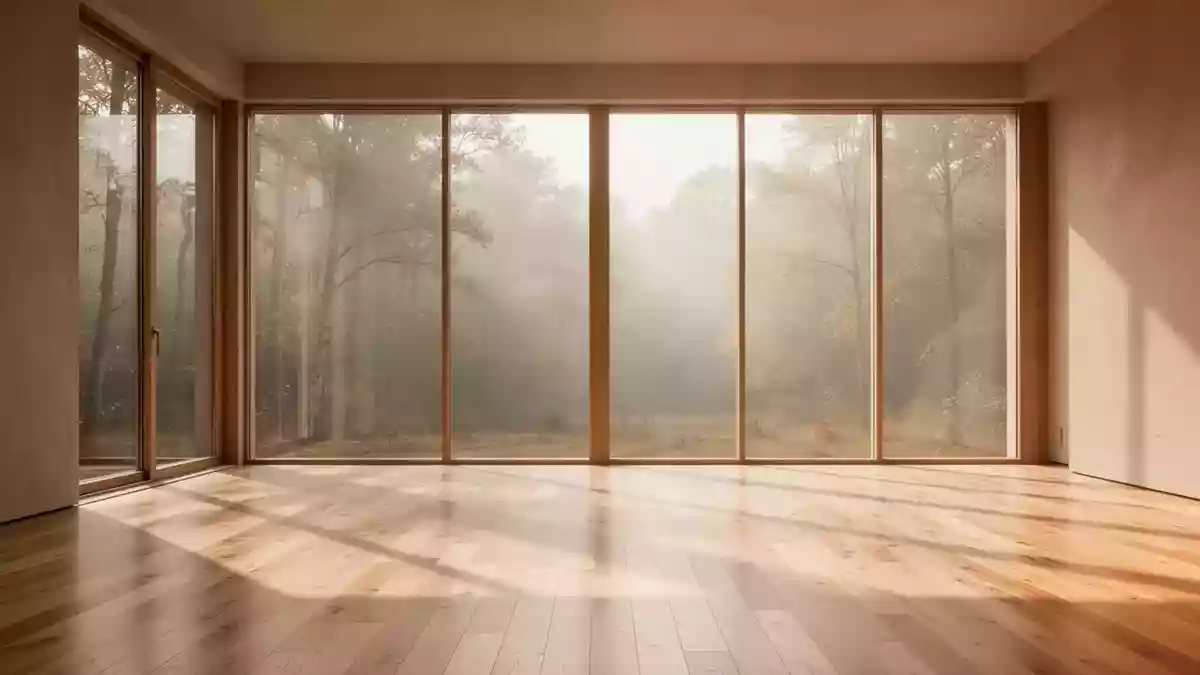 Ein minimalistischer, lichtdurchfluteter Übungsraum mit Holzboden und Blick in einen ruhigen Wald. Illustration mit AI erstellt.