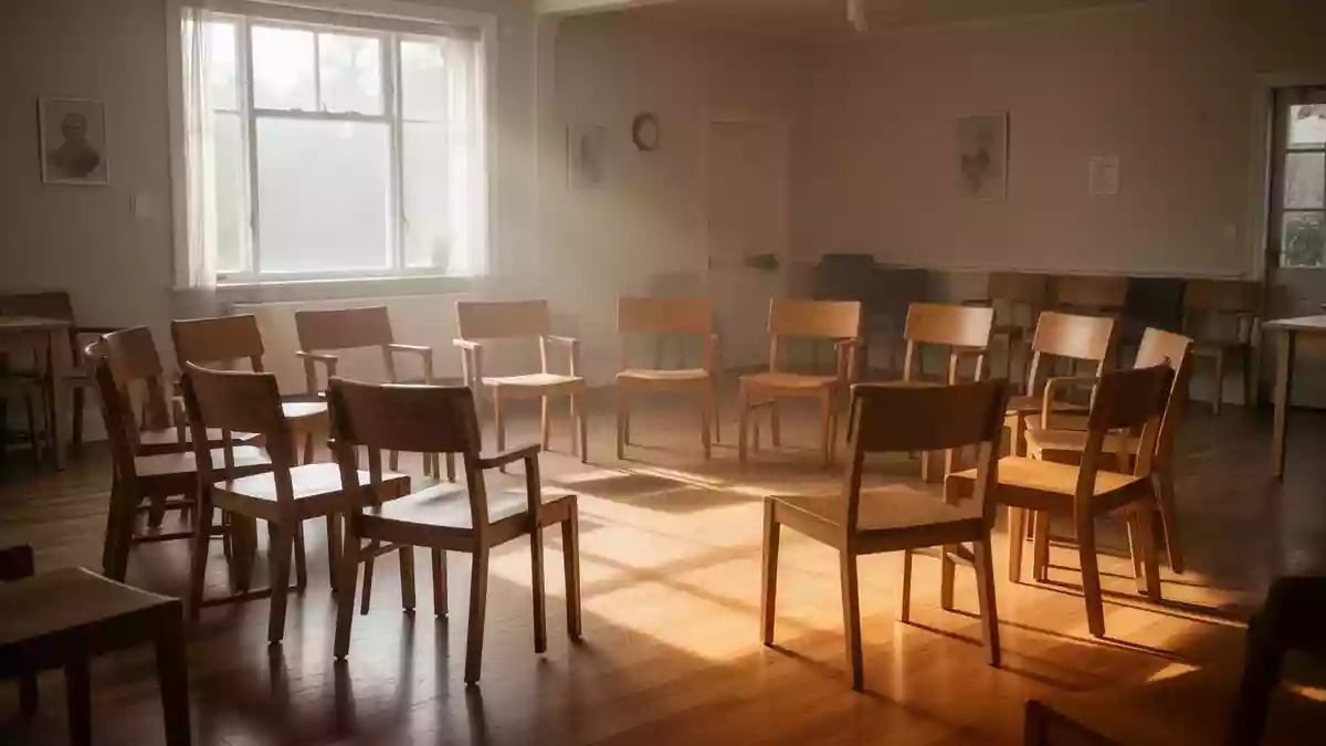 Ein heller, leerer Gruppenraum mit im Kreis angeordneten Stühlen in einem Gemeindezentrum. Illustration mit AI erstellt.