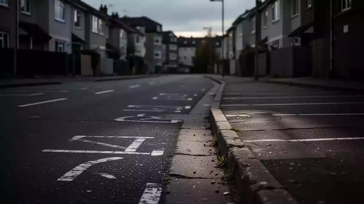 Eine leere, verlassene Straße in einem Wohngebiet bei Dämmerung mit sichtbaren Bordsteinkanten und Parkmarkierungen. Illustration mit AI erstellt.