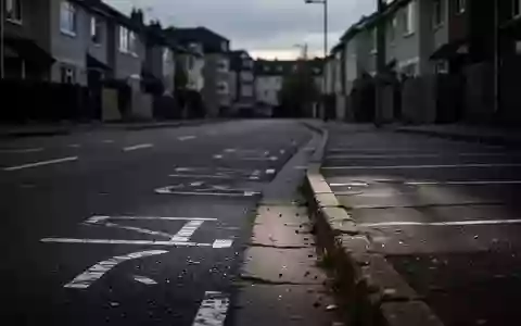 Eine leere, verlassene Straße in einem Wohngebiet bei Dämmerung mit sichtbaren Bordsteinkanten und Parkmarkierungen. - Foto: über boerse-global.de
