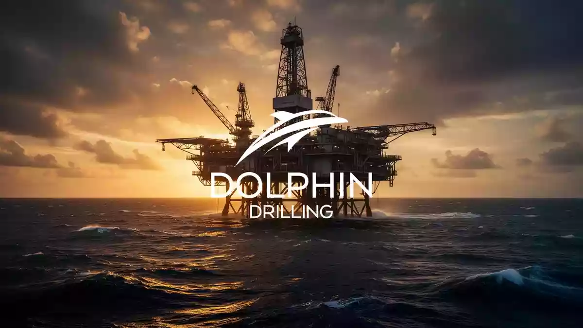 Eine Offshore-Bohrplattform bei Sonnenuntergang auf dem offenen Ozean. Illustration mit AI erstellt.