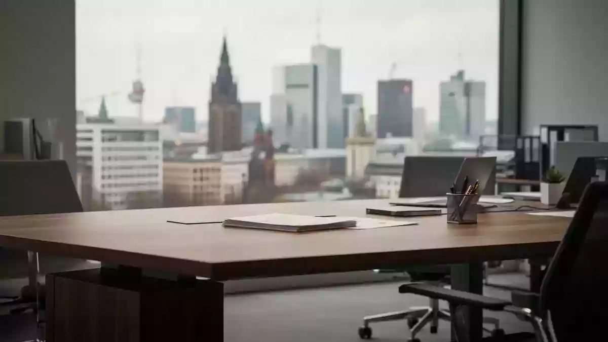 Ein moderner, professioneller Büroarbeitsplatz vor dem Hintergrund einer verschwommenen Skyline im Finanzviertel. Illustration mit AI erstellt.
