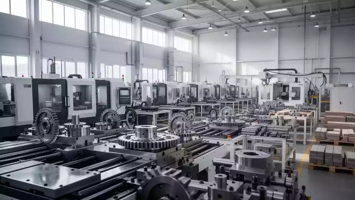 Eine hochmoderne, leere Industriehalle mit Präzisionsmaschinen und metallischen Bauteilen für die automatisierte Fertigung. Illustration mit AI erstellt.